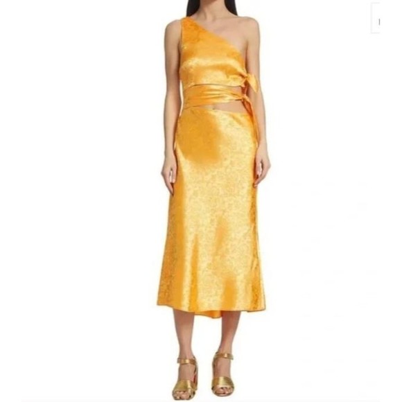 NEW WAYF Floral one shoulder Satin Cut-Out Midi-Dress - Cantaloupe Orange Size S - Picture 1 of 8